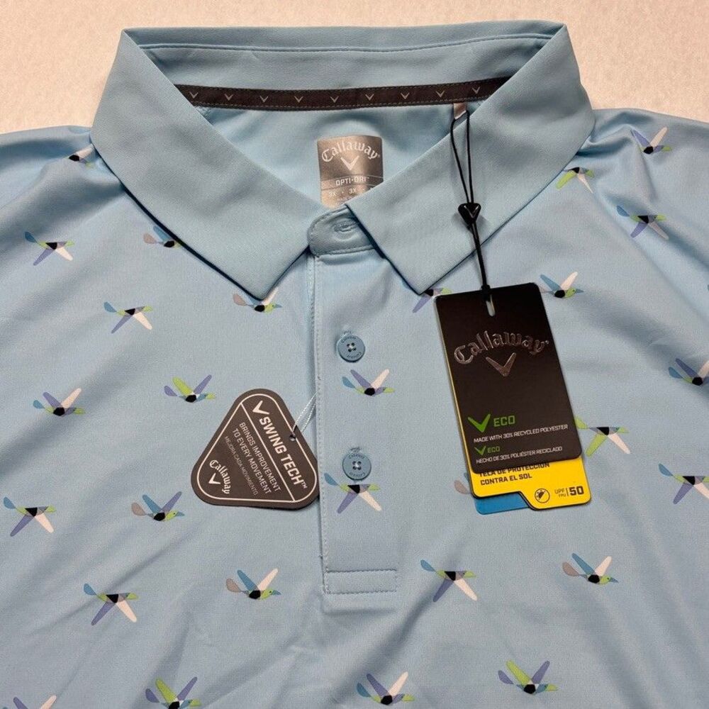 NWT Callaway Men’s 3X Polo Golf Shirt / Light Blue w/ Bird Birdie Print $94